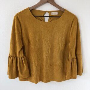 Altar'd State Cropped Blouse Women Medium Suede Mustard Bell Sleeve Boho
